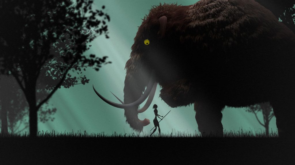 silhouette of a figure with a spear looking up toward raised foot of a woolly mammoth in a small woodland.