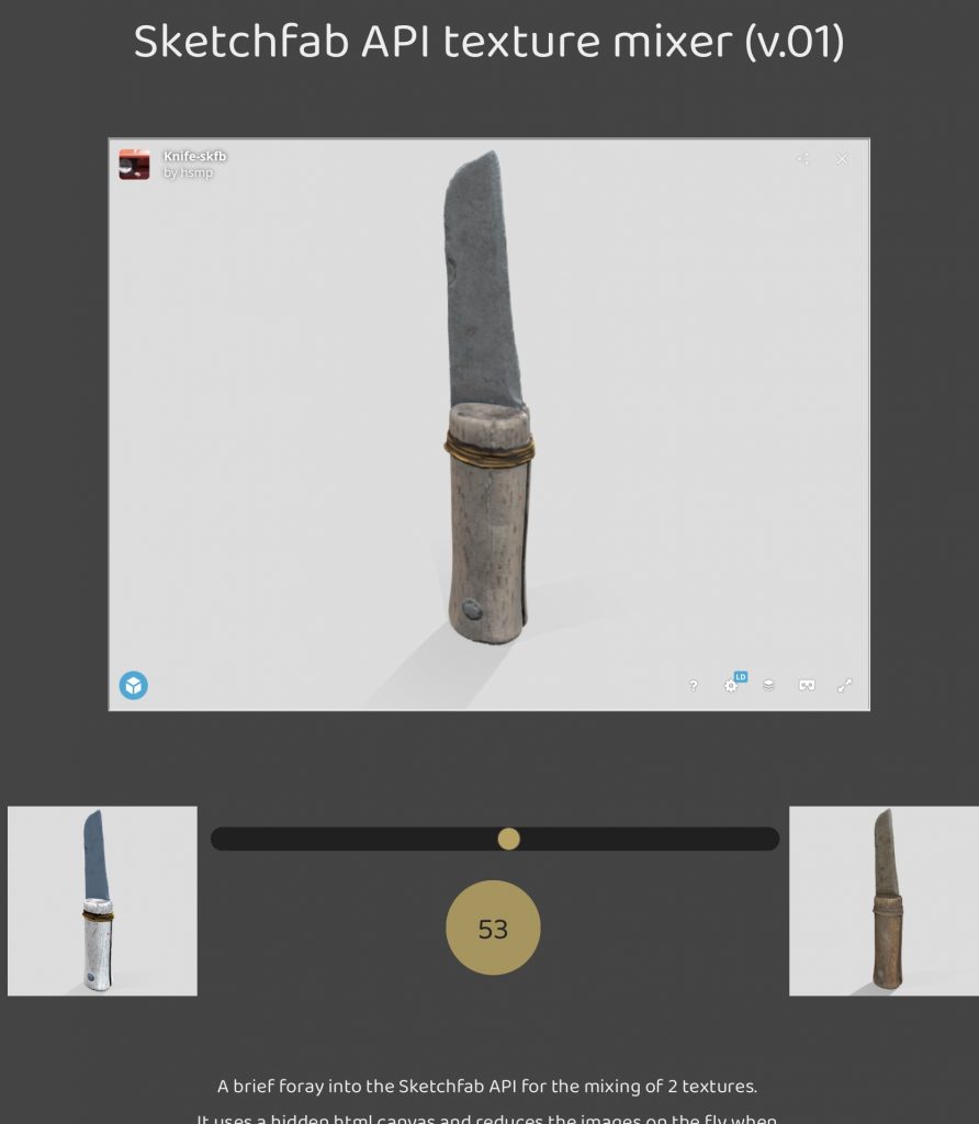 Screenshot showing a sketchfab viewer above a range slider with yellow handle and two thumbnail images,